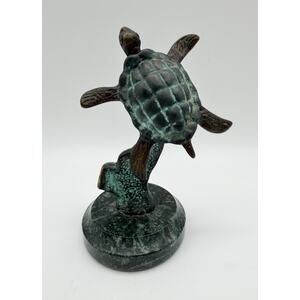SPI San Pacific International Bronze Sea Turtle Figurine Marble Base 6” Marine